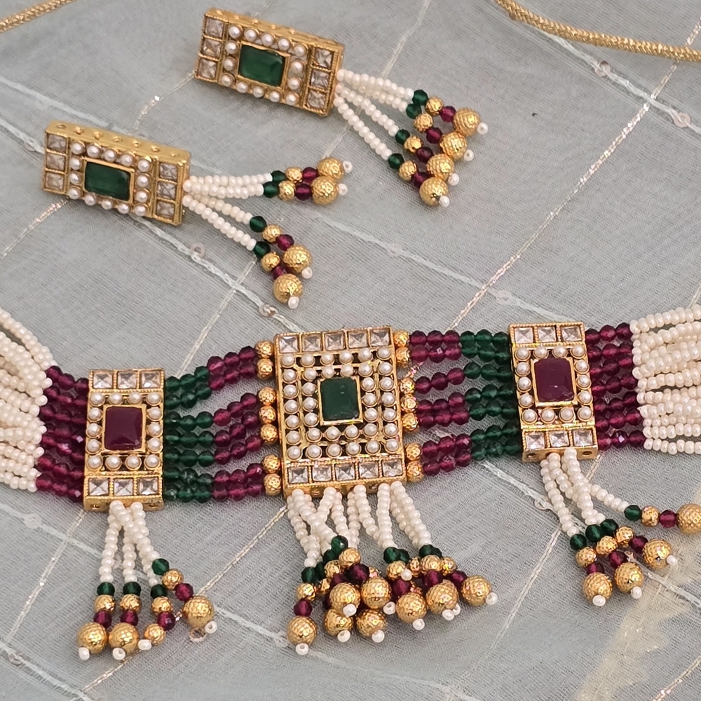 Beaded Gold Necklace Set with Tassels